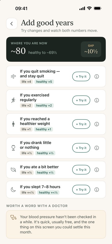 A list of changes — quitting smoking, exercising, drinking less, sleeping seven to eight hours — each priced in years of life and years of good health.